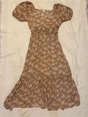 The River Floral Puff Sleeve Smocked Midi Dress Brown Tan Cottagecore Large